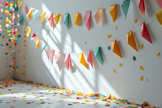 The white wall is decorated with festive garlands with flags. Concept of holiday, fun.