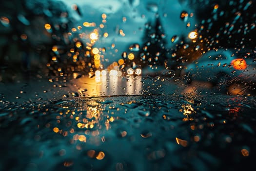 Raindrops close-up on a car window in the evening.