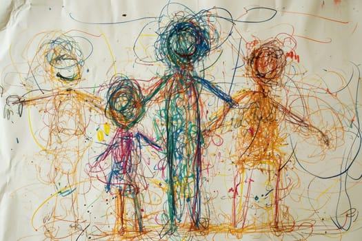 The hand drawing colourful picture of the group of the human family that has been drawn by the colored pencil, crayon or color chalk on the white background that seem to be drawn by the child. AIGX01.