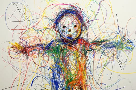 The hand drawing colourful picture of the human that has been drawn by colored pencil, crayon or chalk on the white blank background that seem to be drawn by the child that willing to draw. AIGX01.