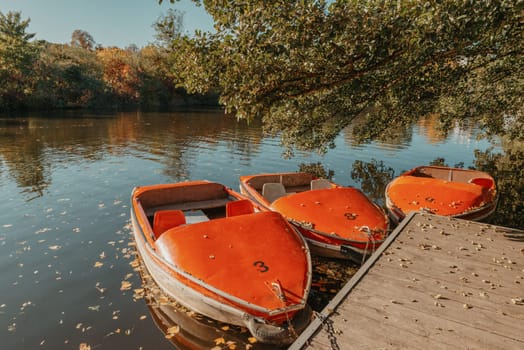 Several boats with oars are moored at the water's edge at the pier in the city park for water walks on the river, lake or pond.