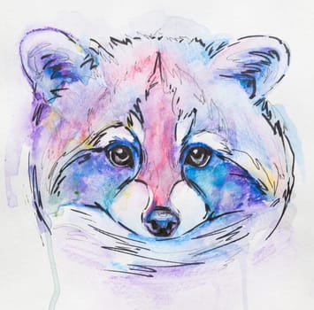 raccoon painted in watercolor on a white background in a realistic manner, colorful, rainbow. Ideal for teaching materials, books and nature-themed designs. raccoon paint splash icons