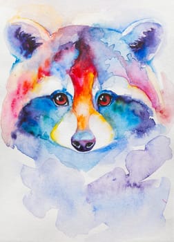 raccoon painted in watercolor on a white background in a realistic manner, colorful, rainbow. Ideal for teaching materials, books and nature-themed designs. raccoon paint splash icons