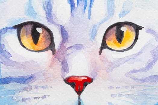 Portrait fragment American Shorthair painted in watercolor on a white background in a realistic manner, colorful, rainbow. Ideal for teaching materials, books and nature-themed designs. Cat paint splash icons
