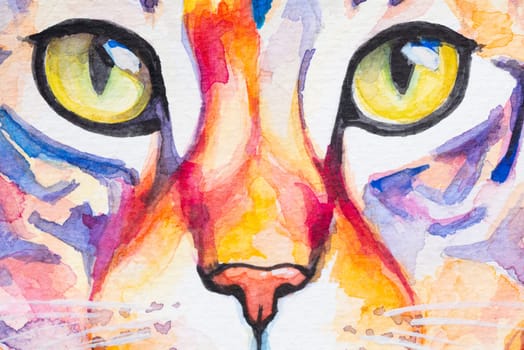 Portrait fragment Bengal Cat painted in watercolor on a white background in a realistic manner, colorful, rainbow. Ideal for teaching materials, books and nature-themed designs. Cat paint splash icons