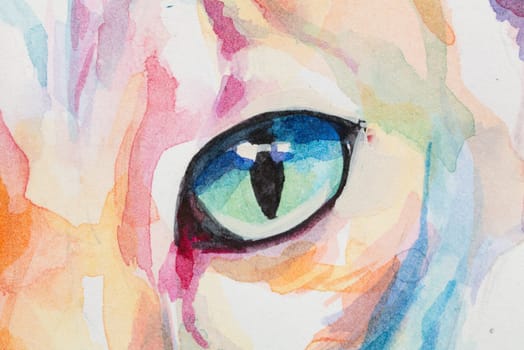 Eye of Oriental Shorthair Cat painted in watercolor on a white background in a realistic manner, colorful, rainbow. Ideal for teaching materials, books and nature-themed designs.