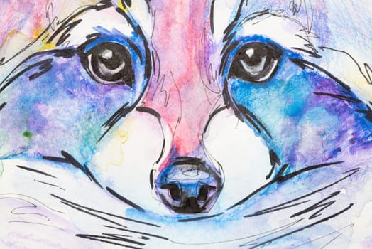 raccoon painted in watercolor on a white background in a realistic manner, colorful, rainbow. Ideal for teaching materials, books and nature-themed designs. raccoon paint splash icons