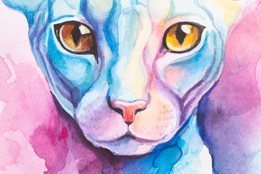 Portrait fragment Cornish Rex Cat painted in watercolor on a white background in a realistic manner, colorful, rainbow. Ideal for teaching materials, books and nature-themed designs. Cat paint splash icons