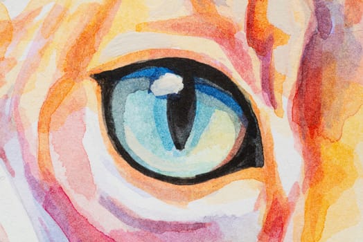Eye of Devon Rex, sphynx cat painted in watercolor on a white background in a realistic manner, colorful, rainbow. Ideal for teaching materials, books and nature-themed designs. Cat paint splash icons