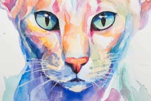 Portrait fragment Oriental Shorthair Cat painted in watercolor on a white background in a realistic manner, colorful, rainbow. Ideal for teaching materials, books and nature-themed designs.