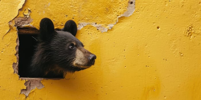 Close up view picture of the hollow yellow hole on the the wall that show the bear stay inside the wall that has been made from some material yet still can be break to look through other side. AIGX03.