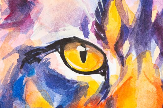 Eye of Maine Coon Cat painted in watercolor on a white background in a realistic manner, colorful, rainbow. Ideal for teaching materials, books and nature-themed designs.