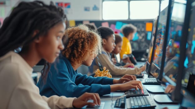 A group of people sitting at desks in a computer lab, using personal computers with computer monitors as display devices. AIG41