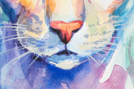 Portrait fragment Oriental Shorthair Cat painted in watercolor on a white background in a realistic manner, colorful, rainbow. Ideal for teaching materials, books and nature-themed designs.