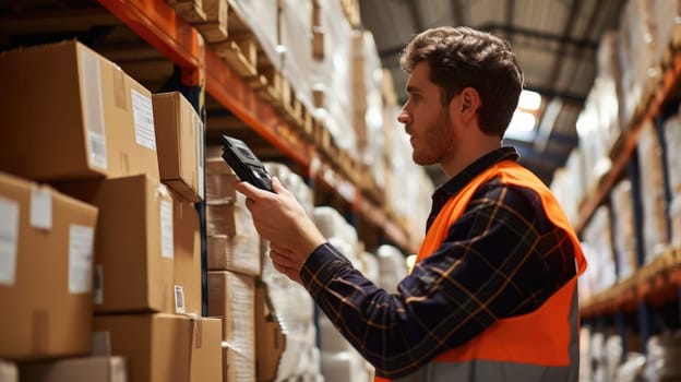 Focused logistics specialist with protective eyewear scans barcodes on packages in a well-organized warehouse. AIG41