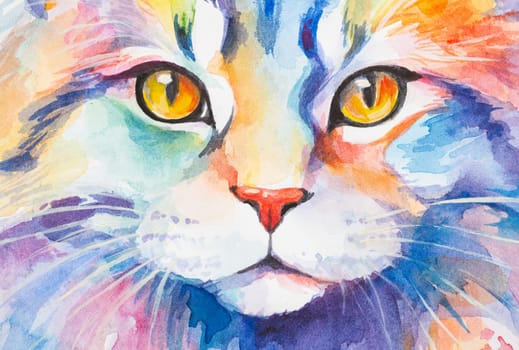 Portrait fragment Norwegian Forest Cat painted in watercolor on a white background in a realistic manner, colorful, rainbow. Ideal for teaching materials, books and nature-themed designs.
