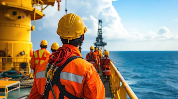 Oil workers, wearing helmets and personal protective equipment, stand on an oil rig in the ocean surrounded by water and the sky. AIG41