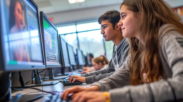 Focused students work on computers in a technology class, coding and developing software as part of their education. AIG41