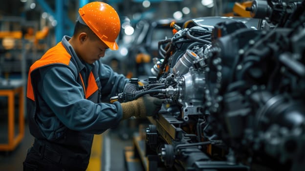 A man is working on an engine in an automotive factory, specializing in the production of motor vehicles and auto parts. AIG41