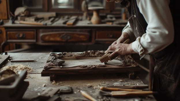 A man wearing a hat is skillfully crafting a piece of hardwood in his workshop, creating a beautiful art piece. AIG41