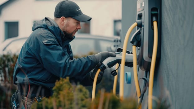 A technician in high-visibility clothing installs an electric vehicle charger, contributing to the infrastructure of sustainable transportation. AIG41