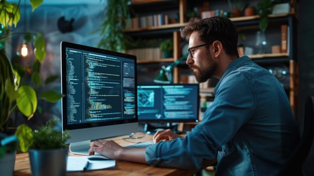 A software developer is engrossed in writing code on dual monitors, indicative of the concentration required in software engineering. AIG41