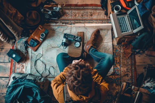 The picture of the young or adult caucasian male human focus and looking at the map of the world in the small room that has been filled with various object under the bright sun in the daytime. AIGX03.