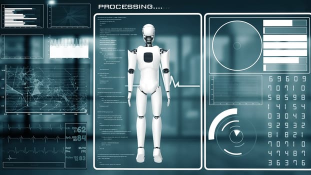 XAI 3d illustration Futuristic robot, artificial intelligence CGI big data analytics and programming. Robotic man 3D render animation. 3D illustration.