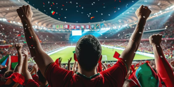 A fan at a soccer stadium excitedly raises his arms, immersed in the thrilling World competition event surrounded by lush green grass. AIG41