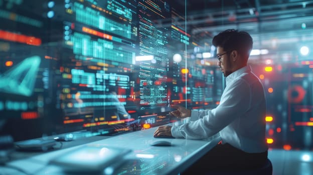 A programmer analyzes code on a transparent screen in a data center, surrounded by servers and digital data streams. AIG41