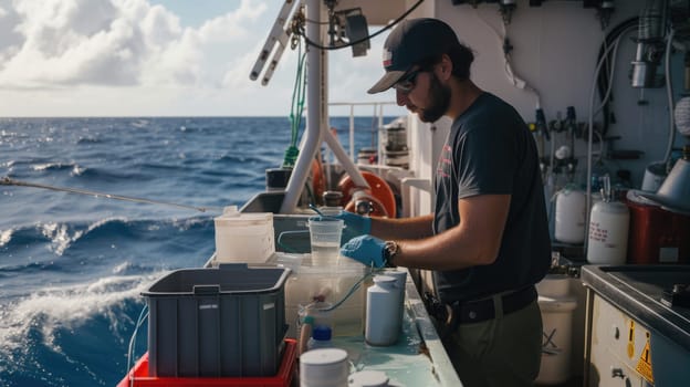 A marine scientist examines water samples on a research vessel, conducting environmental analysis on the open sea. AIG41