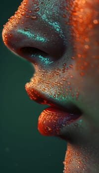 An intense closeup of a womans face reflects water drops on her nose, eye, and jaw. Her organism gestures reveal a hint of facial hair around her snout