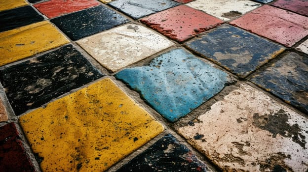 The picture of the colorful multiple tiles that has been use on the ground inside of the building that has been taken in the daytime of the bright day of the sun in the morning of the years. AIGX01.