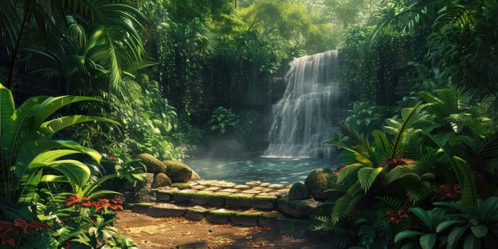 A serene waterfall cascades gently into a crystal-clear pool within the dense greenery of a sunlit tropical rainforest, inviting a sense of peace and natural beauty. Resplendent.