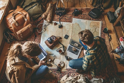 The picture of the couple young or adult caucasian human focus and looking at the map of the world in the small room that has been filled with various object under a bright sun in the daytime. AIGX03.