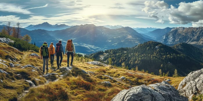 A group of friends on a hiking adventure, panoramic mountain views, capturing the spirit of friendship and exploration. Resplendent.