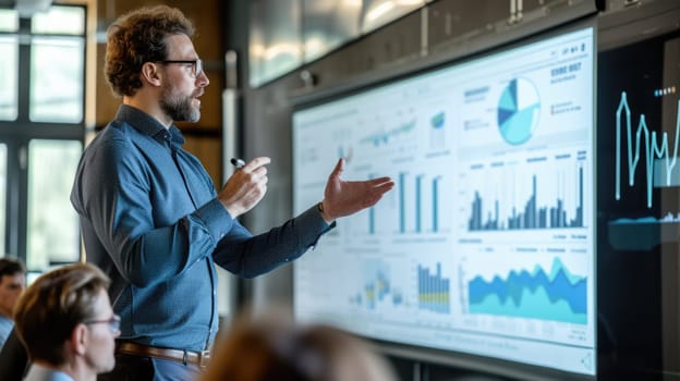 A man showcases a presentation to individuals, utilizing gestures and sharing information on a display device in a building. It is a public speaking event. AIG41