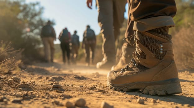 A person with hiking boots explores the natural landscape of a forest, walking along a woodland path. The vibrant electric blue sky complements the lush green scenery. AIG41