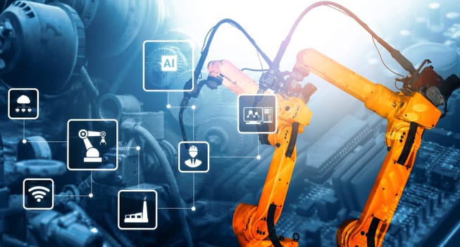 XAI Smart industry robot arms for digital factory production technology showing automation manufacturing process of the Industry 4.0 or 4th industrial revolution and IOT software to control operation.