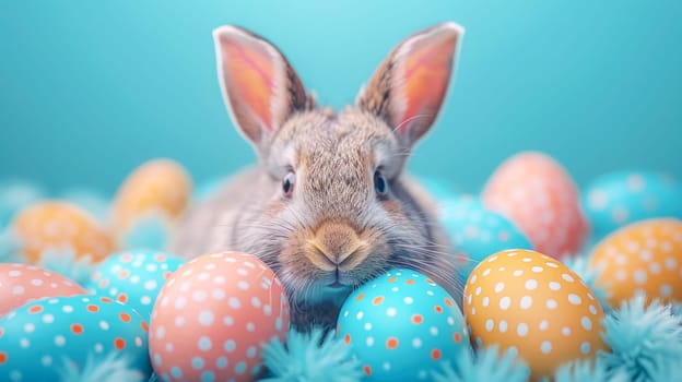 Easter rabbit with colorful eggs on blue background. Easter holiday concept.