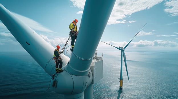 A team is constructing a wind turbine in the ocean, blending water, wind, and adventure to generate sustainable energy. AIG41