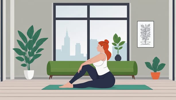 Large woman, yoga practice near sofa, leggings and top attire. Bright room, large window, floor-standing flower