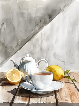 A watercolor painting featuring a cup of tea, Meyer lemons, and a teapot on a rustic wooden table. The citrus fruits add a pop of color and freshness to the composition