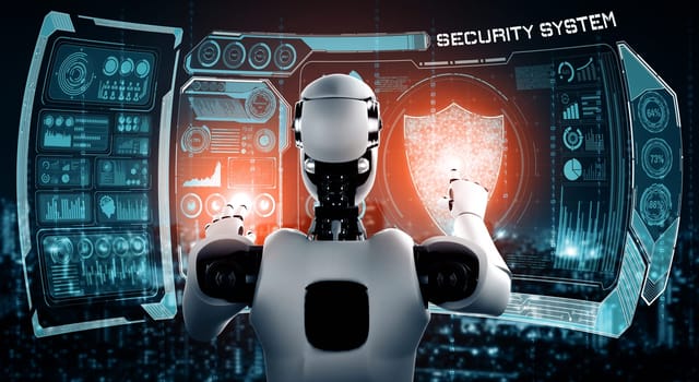 XAI 3d illustration AI robot using cyber security to protect information privacy. Futuristic concept of cybercrime prevention by artificial intelligence and machine learning process. 3D rendering illustration.