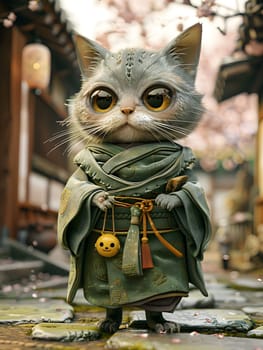 A Felidae in a kimono, with whiskers and a fawn snout, stands on the sidewalk. The small to mediumsized carnivore looks like a toy or fictional character from an art piece