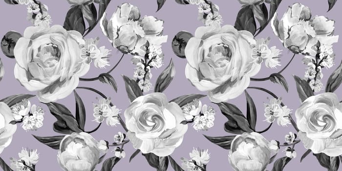 Botanical seamless pattern with peonies and sakura branches drawn in gouache for textile and design