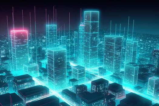 Smart Digital City Concept. Urban Architecture High Towers Concept of the Future City. Virtual Reality Abstract Digital Buildings. Modern Technology Illustration.