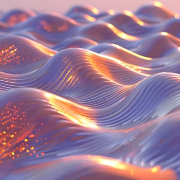 A liquid landscape captured in a computer generated image, displaying purple, orange, and electric blue waves on the waters surface, creating a mesmerizing geological phenomenon in the horizon