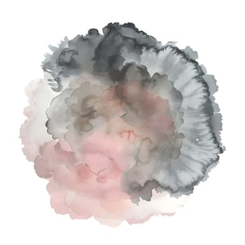 An art piece featuring a watercolor painting of a circular gray and pink pattern on a white background, resembling a stylish fashion accessory