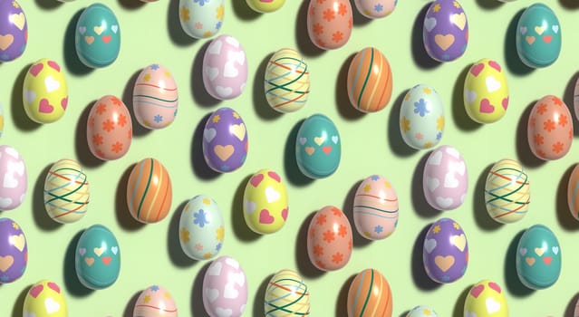 Multicolored Easter eggs on a green background, Happy Easter